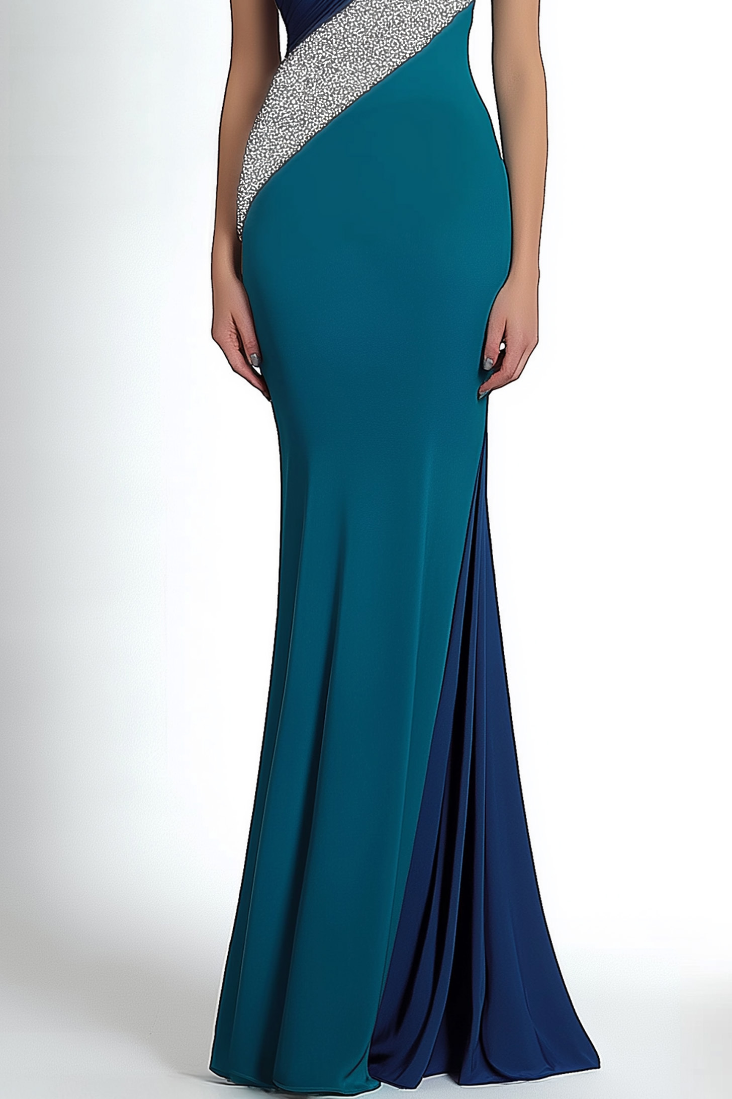 Formal Dress Blue Green One-Shoulder Silver Accented Floor-Length Gown