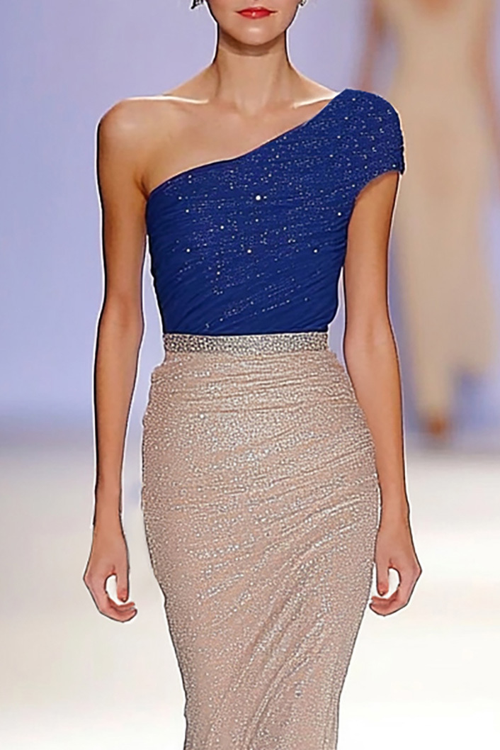 Cocktail Party Dress Blue Sequins One Shoulder Long Dress