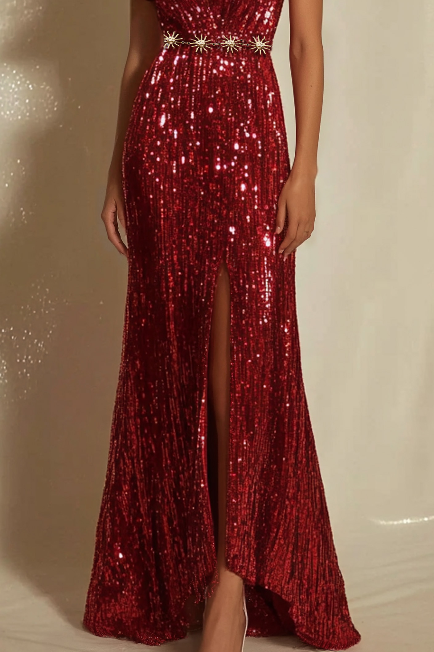Evening Sequin Dress Red Deep V Slit Waist Chain Maxi Gown