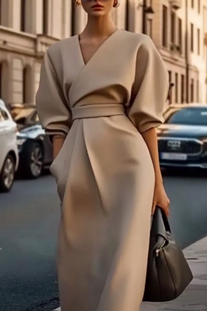 Work Semi-Formal Dress Light Brown Cross Neck Puff Sleeve Pocket Midi Dress