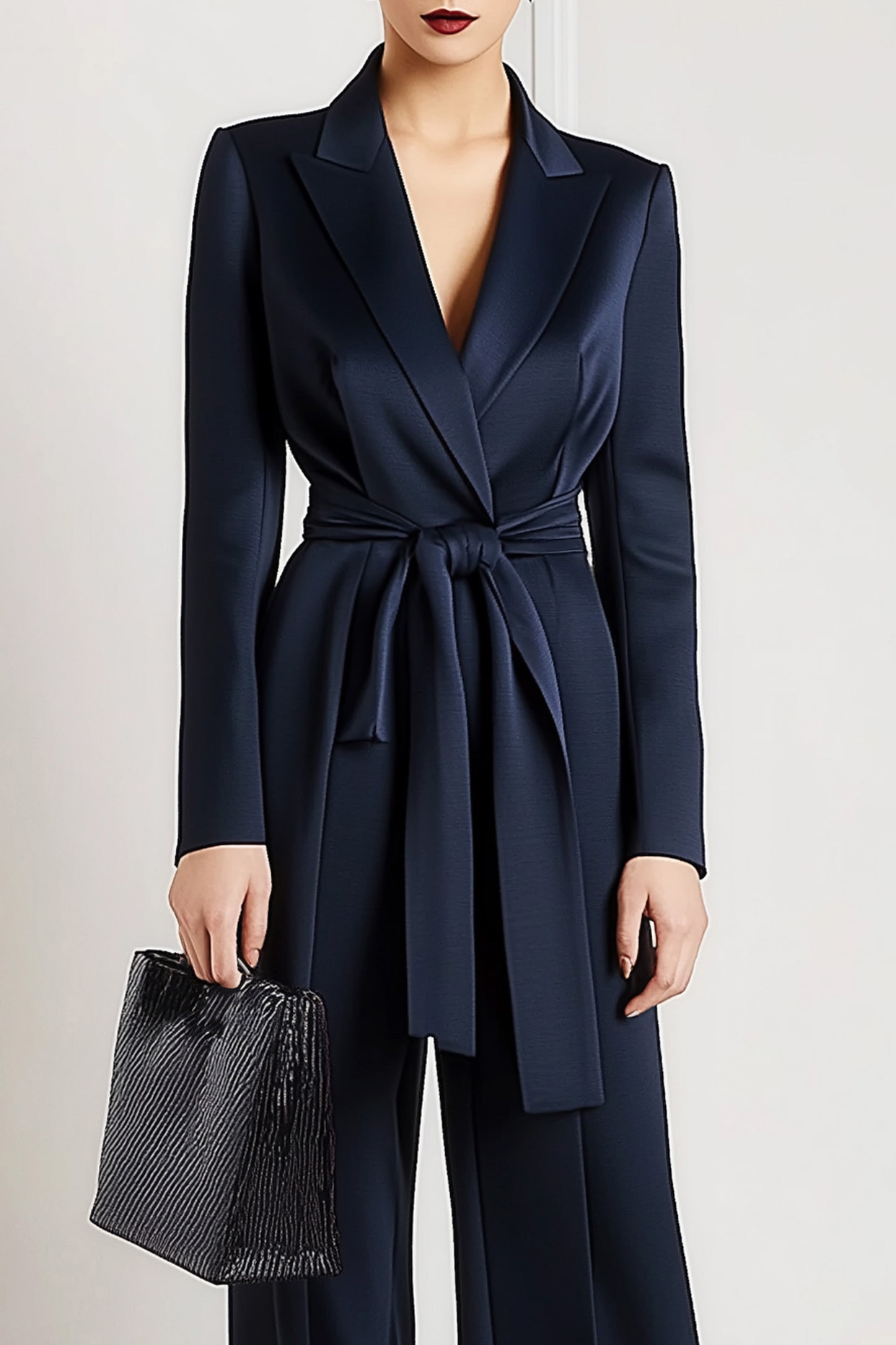Work Semi-Formal Jumpsuit Navy Blue Collar Long Sleeve Straight Pants