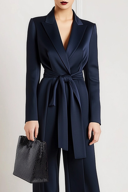 Work Semi-Formal Jumpsuit Navy Blue Collar Long Sleeve Straight Pants