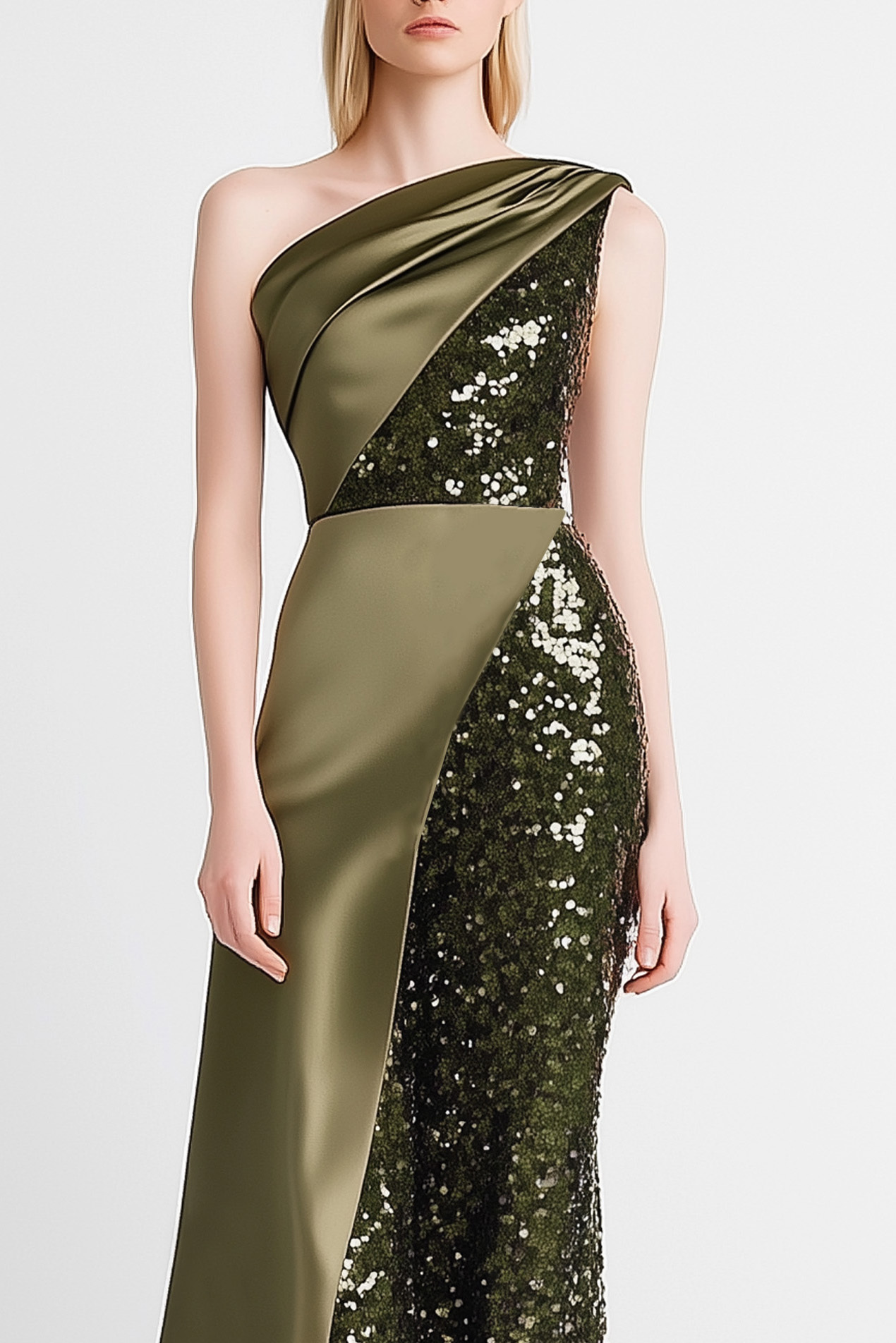 Evening Dress Green Satin Sequin One-Shoulder Maxi Gown