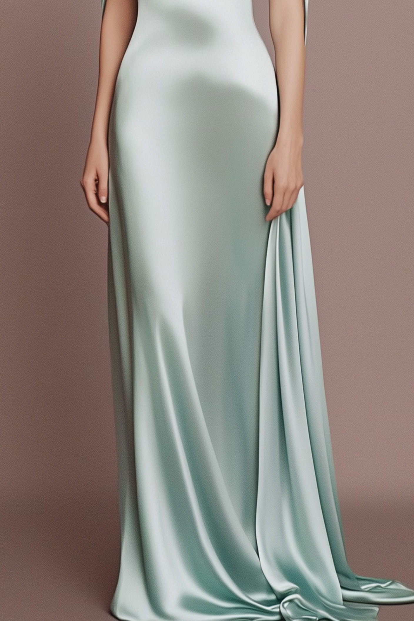 Formal Satin Dress Sage Green V-neck Cape Sleeve Maxi Gown