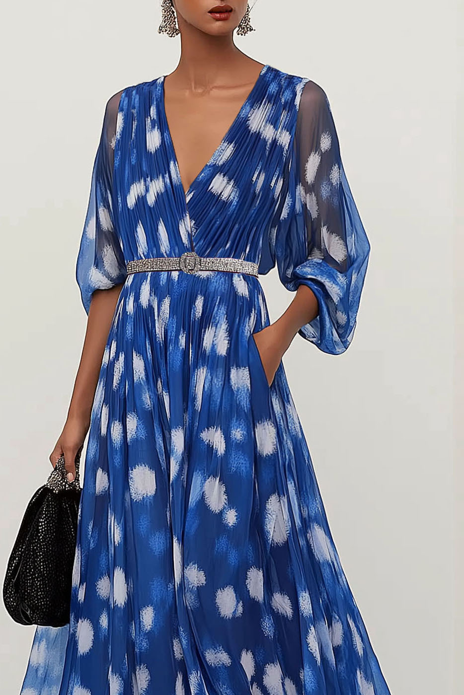 Party Casual Dress Blue V-neck White Floral Rhinestone Belt Pockets Maxi Dress