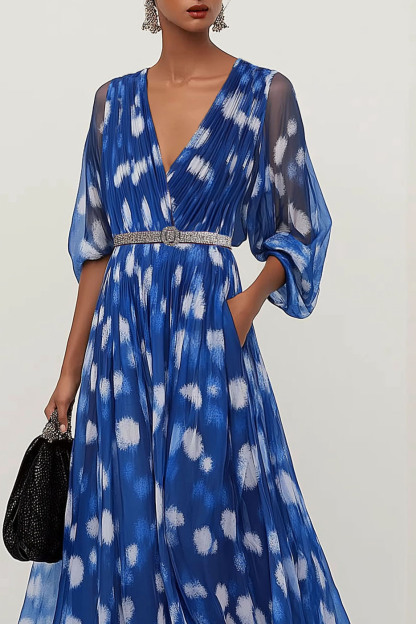 Party Casual Dress Blue V-neck White Floral Rhinestone Belt Pockets Maxi Dress