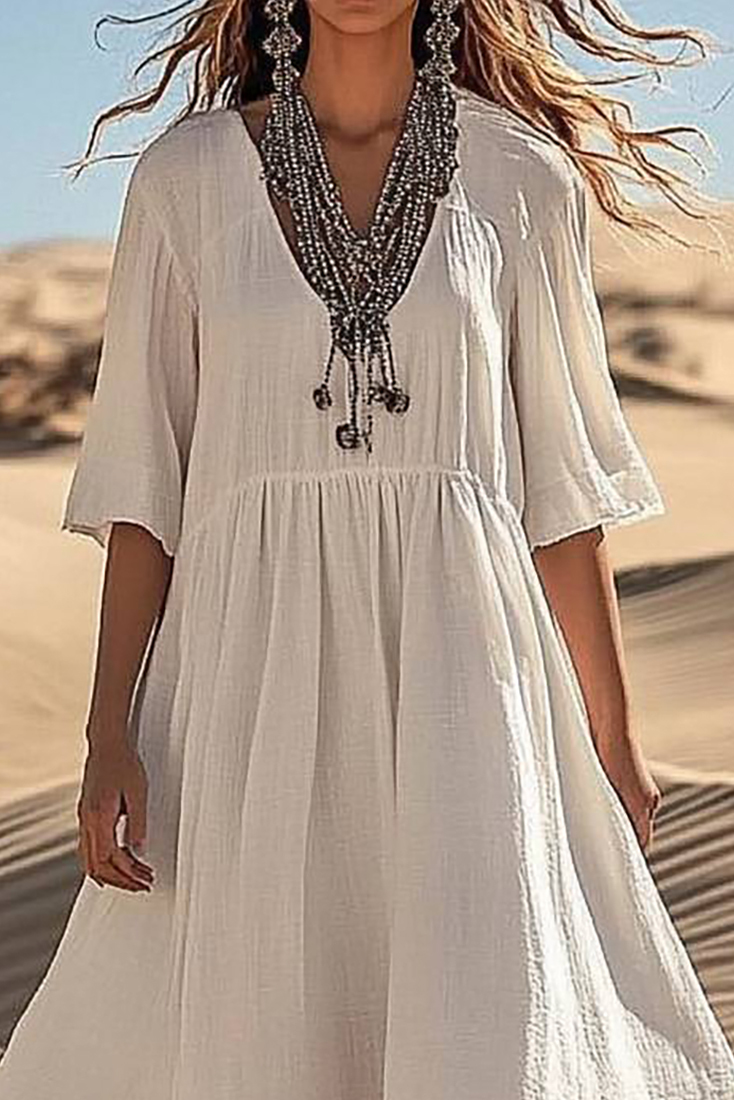 Bohemian Casual Dress Beige Linen Loose Half-Sleeve Maxi Dress