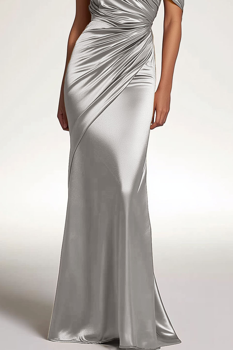 Formal Party Satin Dress Silver One-Shoulder Pleated Metallic Maxi Gown