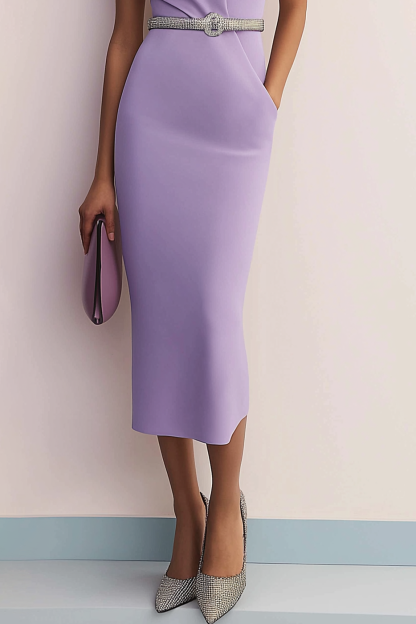 Semi-Formal Dress Purple Boat Neck Sleeveless Pockets Midi Dress