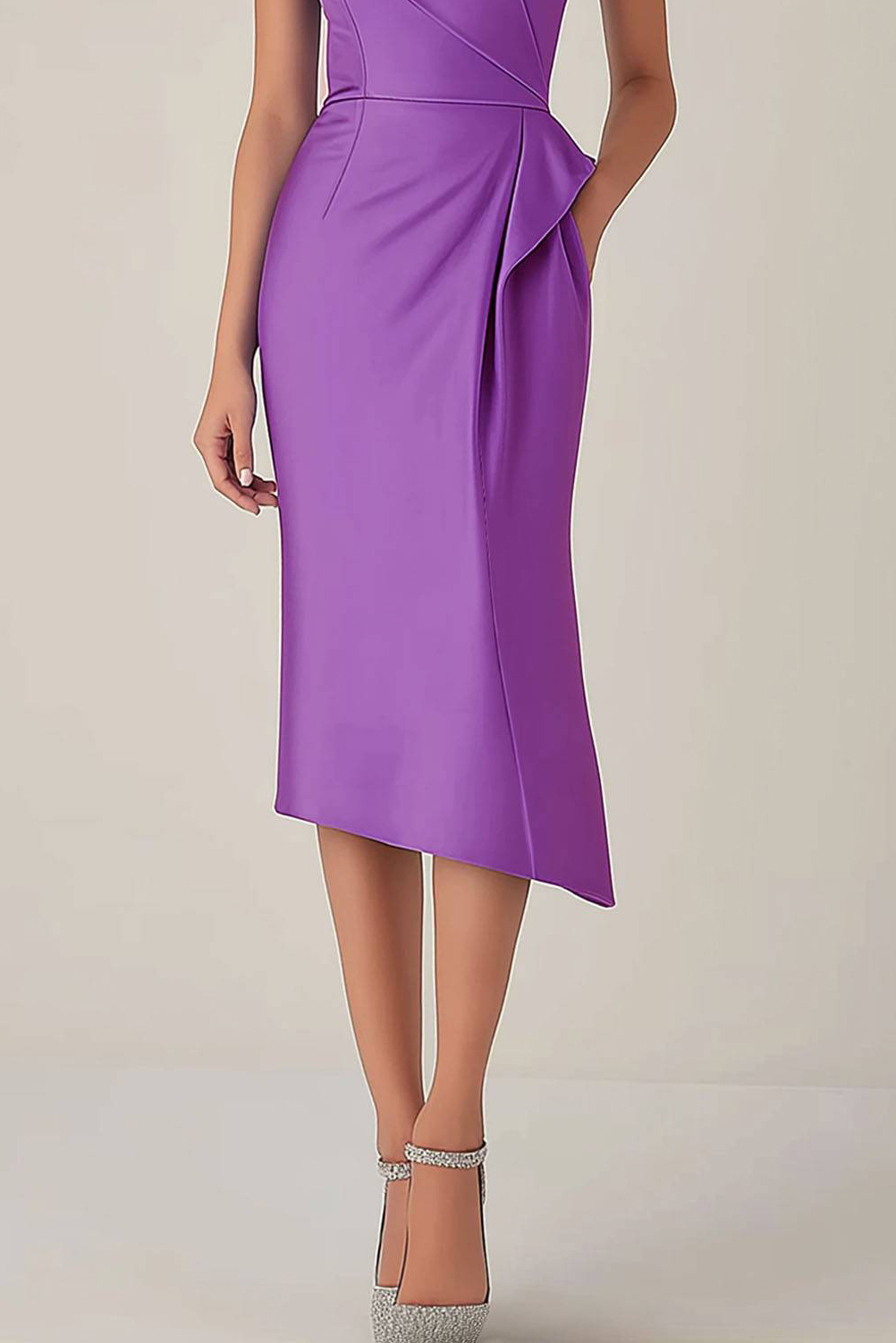 Cocktail Party Dress Purple One-Shoulder Pocketed Midi Dress