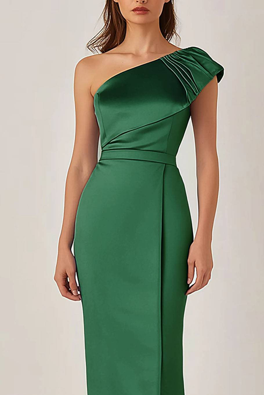 Cocktail Party Dress Green One-Shoulder Fitted Midi Dress
