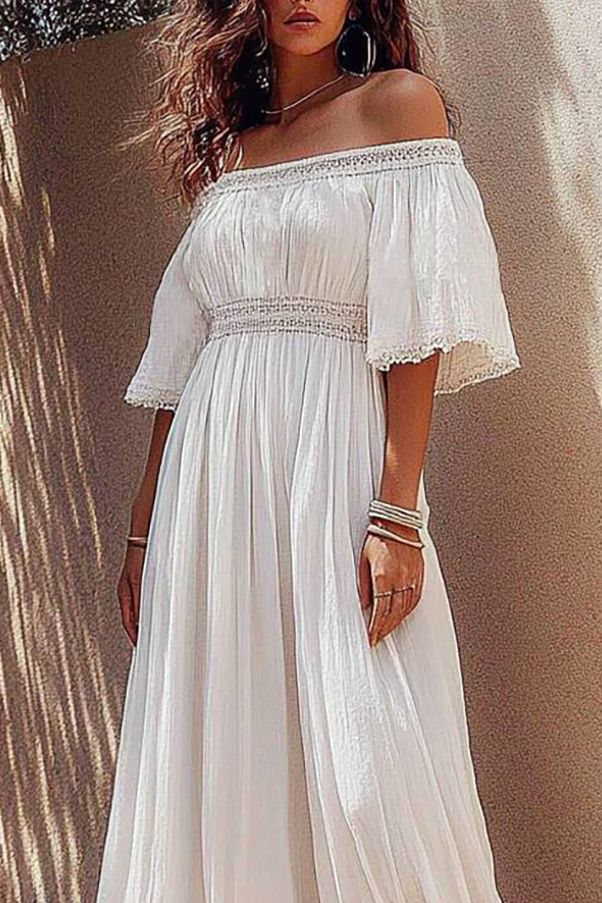 Vacation Casual Linen Dress White Off Shoulder Embroidered Maxi Dress