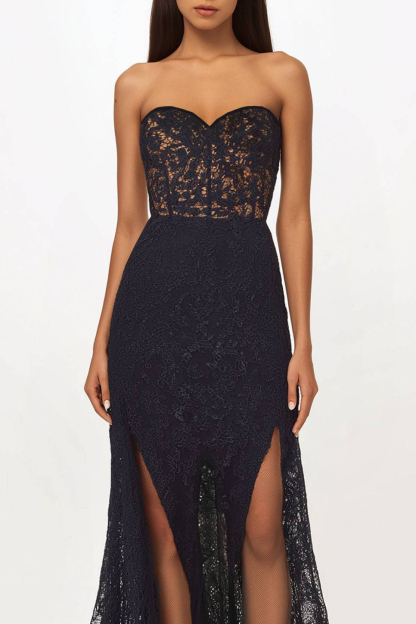 Party Lace Dress Strapless Black Side Slit Floor-Length Dress