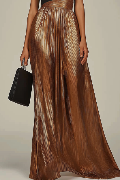 Evening Formal Dress Black-Gold Colorblock One-Shoulder Metallic Maxi Dress
