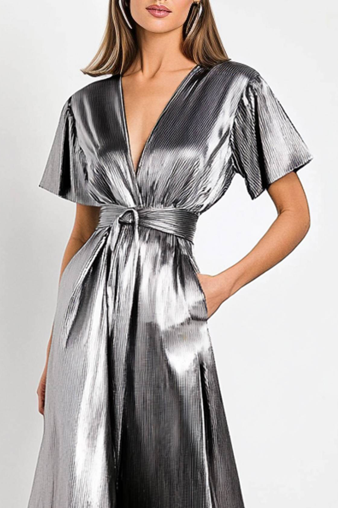 Party Silver Dress Deep V Metallic Glossy Pocketed Midi Dress