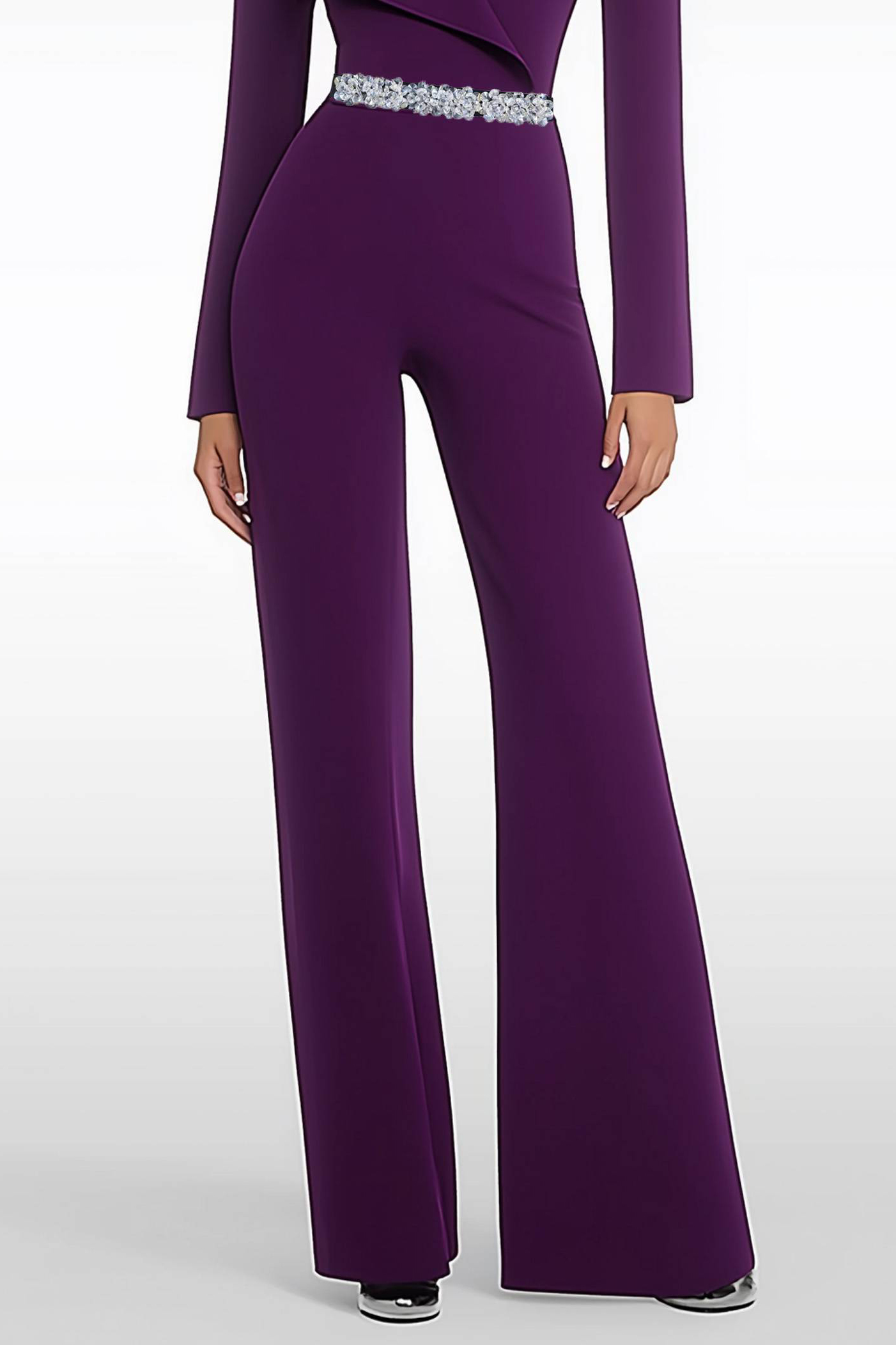 Semi-Formal Party Jumpsuit Purple Long Sleeve V-neck Bell Bottom Pants