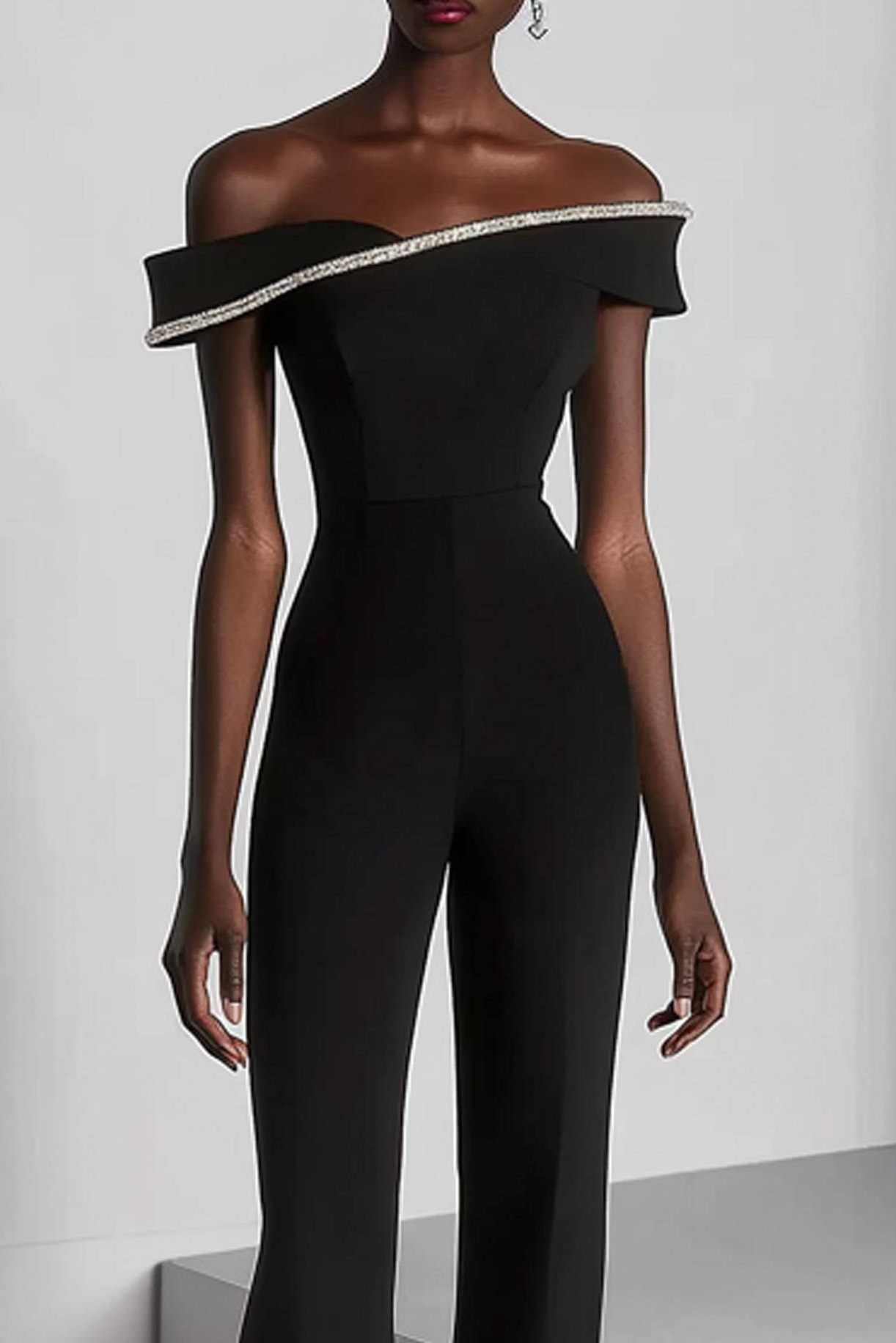 Semi-Formal Party Jumpsuit Black Off-Shoulder Silver Trimmed Wide-Leg Pants