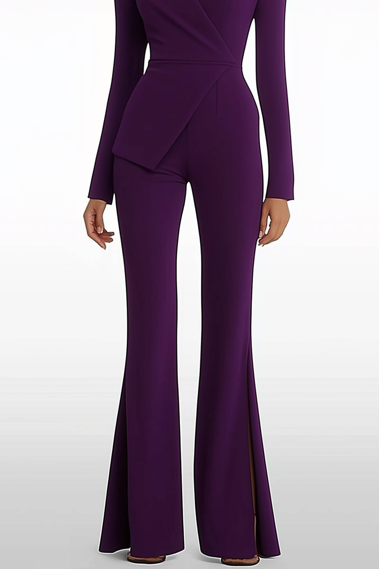 Semi-Formal Jumpsuit Purple Long Sleeve Slit Bell Bottom Pants