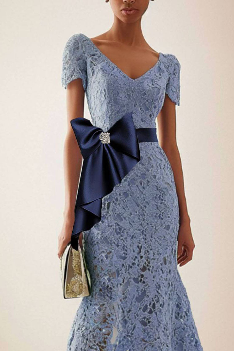 Elegant Lace Mermaid Dress Short Sleeves Navy Bow Accent Midi Dress