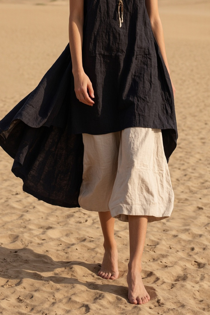 Vacation Casual Linen Set Black Sleeveless Top and Brown Cropped Pants
