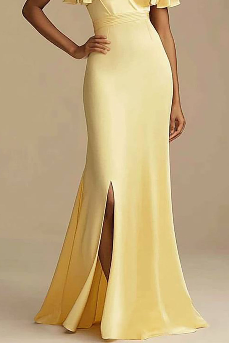 Evening Formal Dress Yellow V-neck Slit Floor-Length Dress