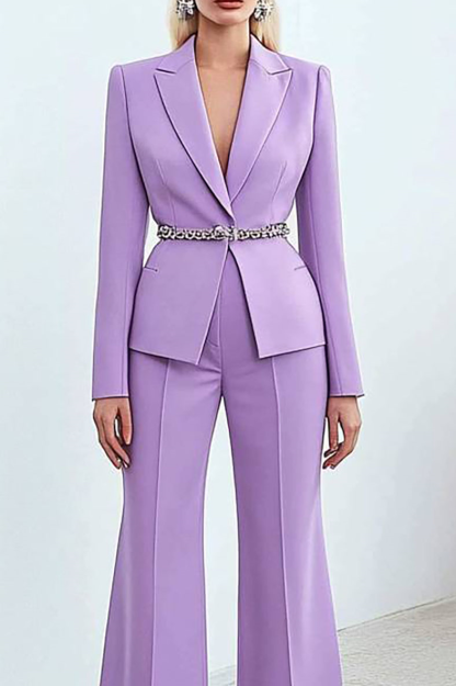 Semi-Formal Party Suit Purple Long Sleeve Belt Wide-Legged Pants Set