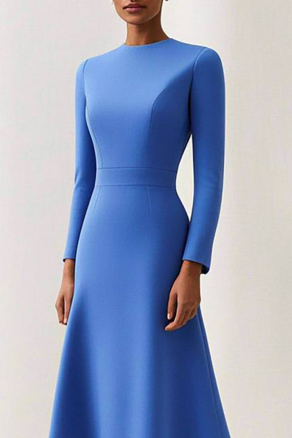 Semi-Formal Work Dress Blue Round Neck Long Sleeve Midi Dress