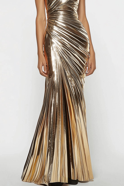 Evening Dress Gold Metallic One-Shoulder Pleated Floor-Length Dress