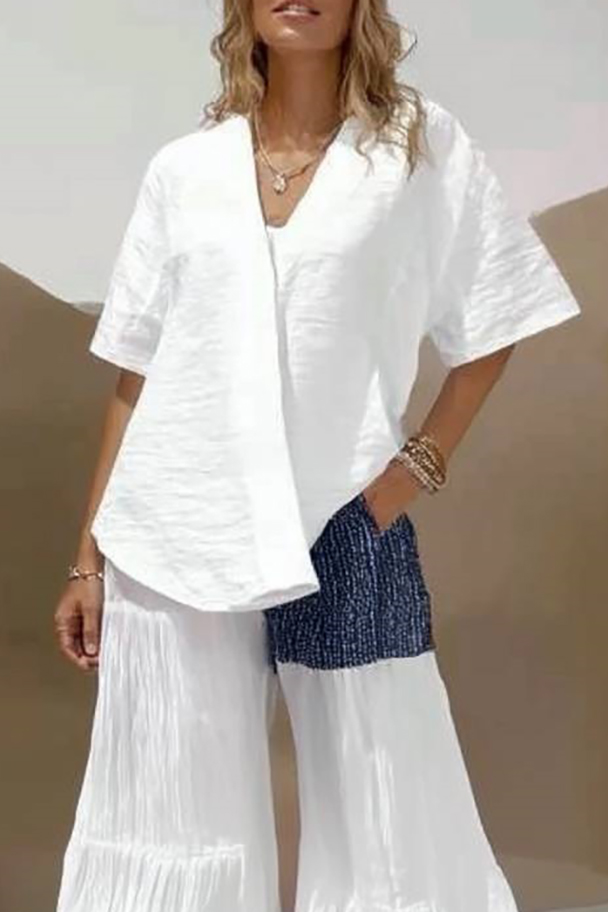 Casual Daily Linen Set White V-Neck Loose Top Colorblock Wide-Leg Pants Set