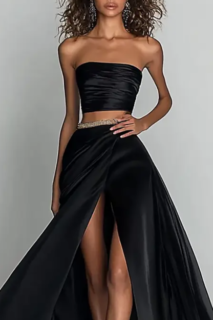 Party Set Black Strapless High Slit Floor-Length Skirt Two-Piece Set