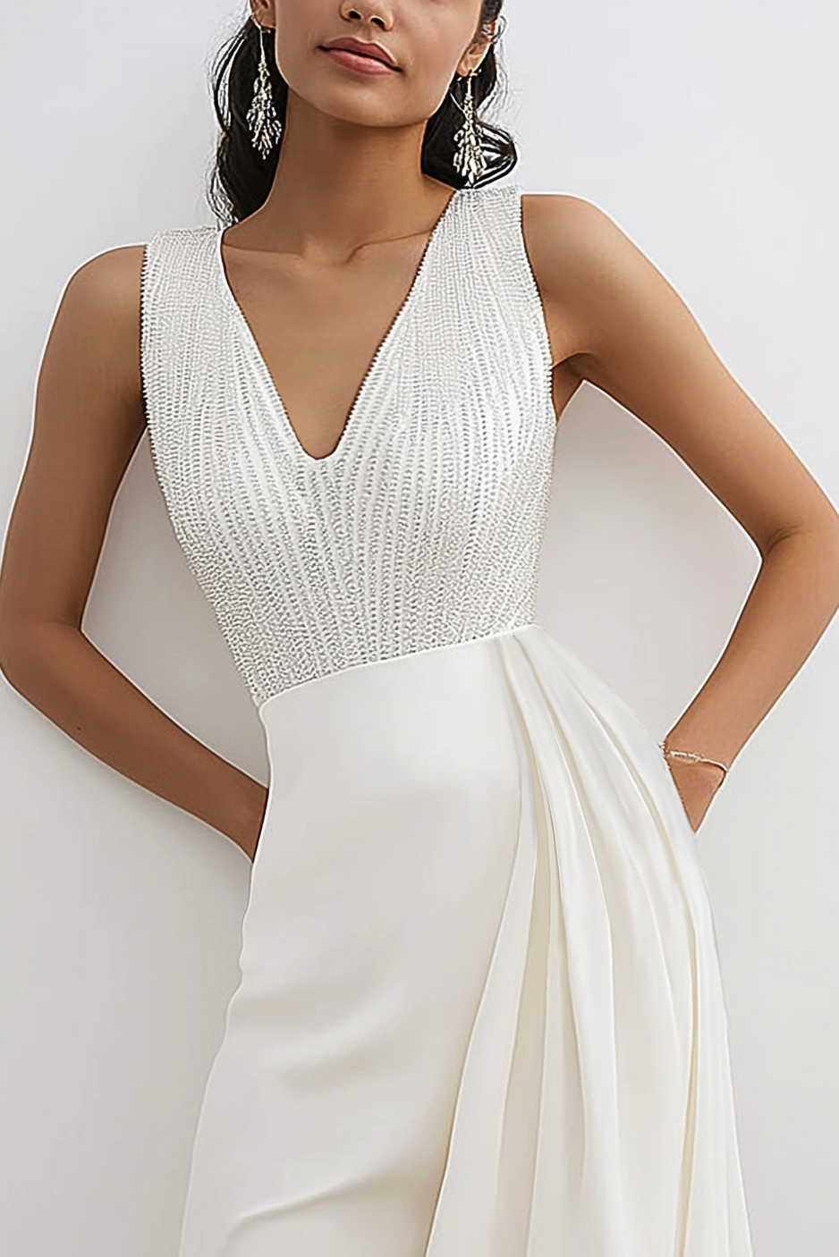 Cocktail Party Dress White Rhinestone Sleeveless V-neck Draped Mini Dress