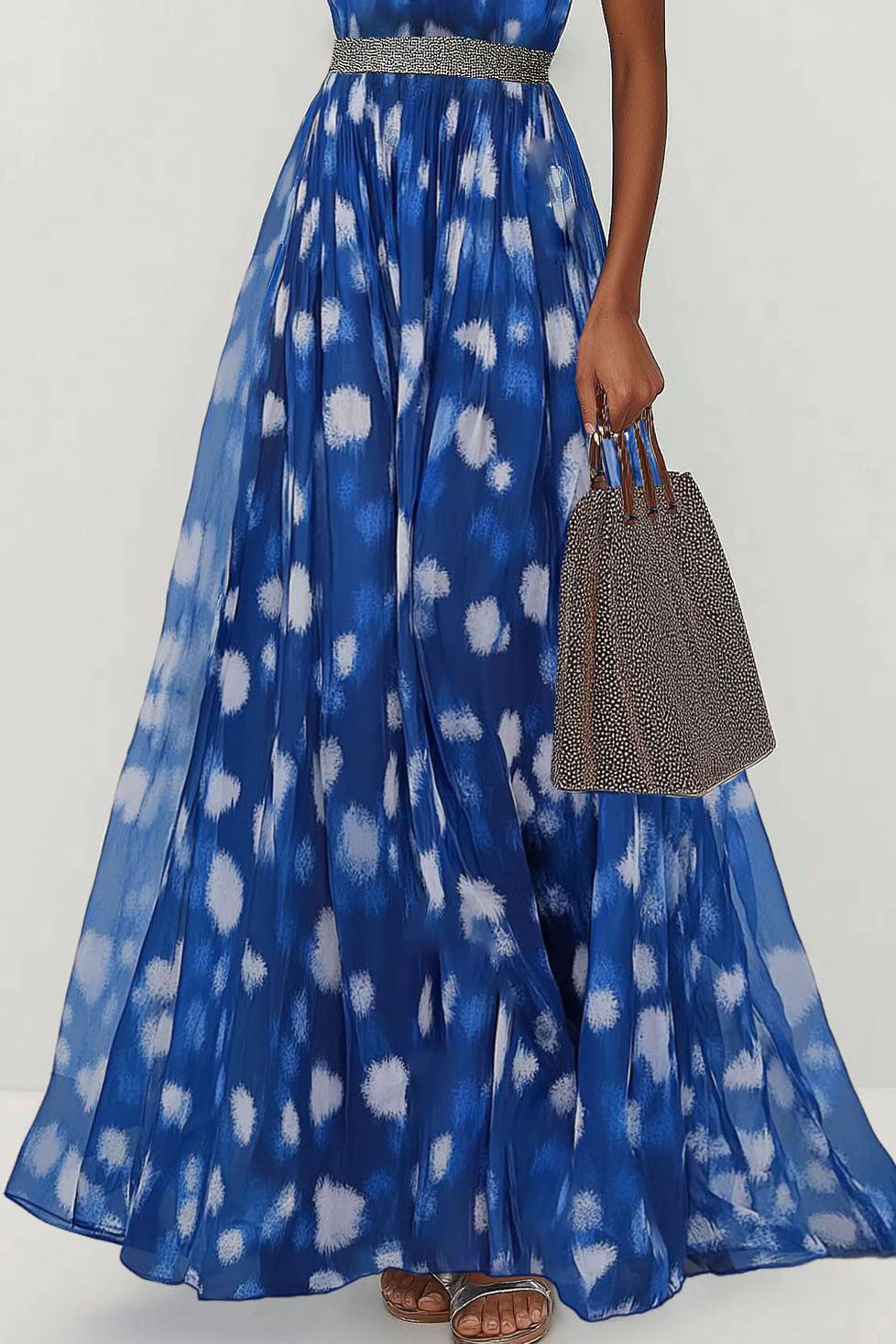 Party Semi-Formal Dress Blue Sleeveless Chiffon Silver Belt Maxi Dress