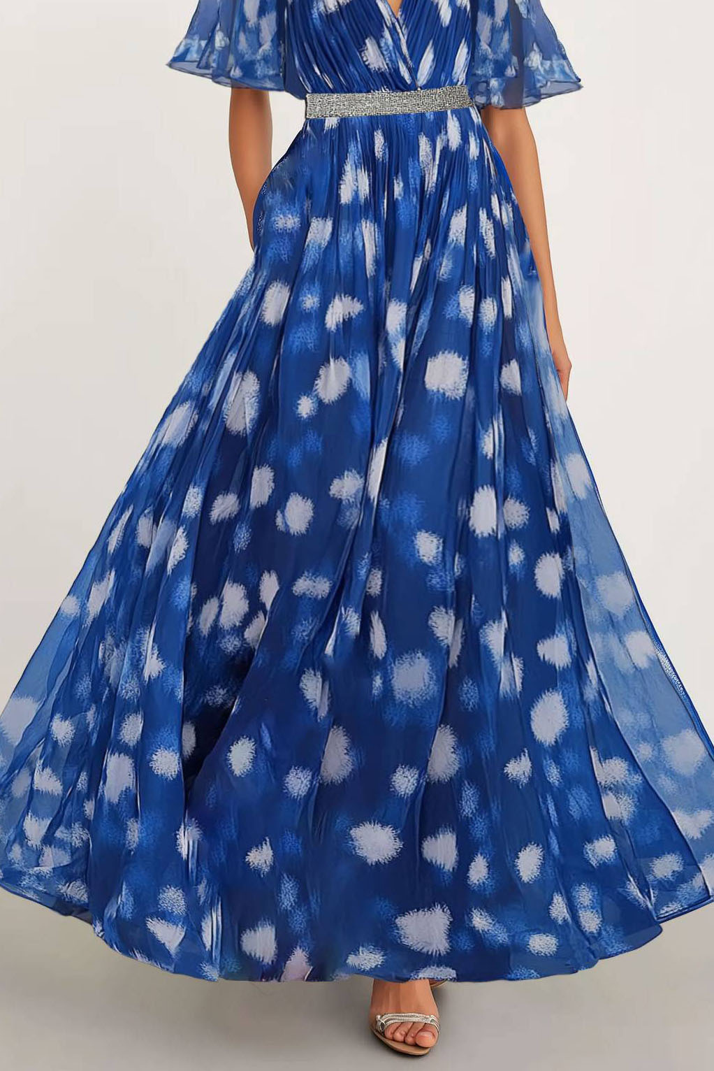 Party Semi-Formal Dress Blue Deep V-neck Chiffon Silver Belt Maxi Dress