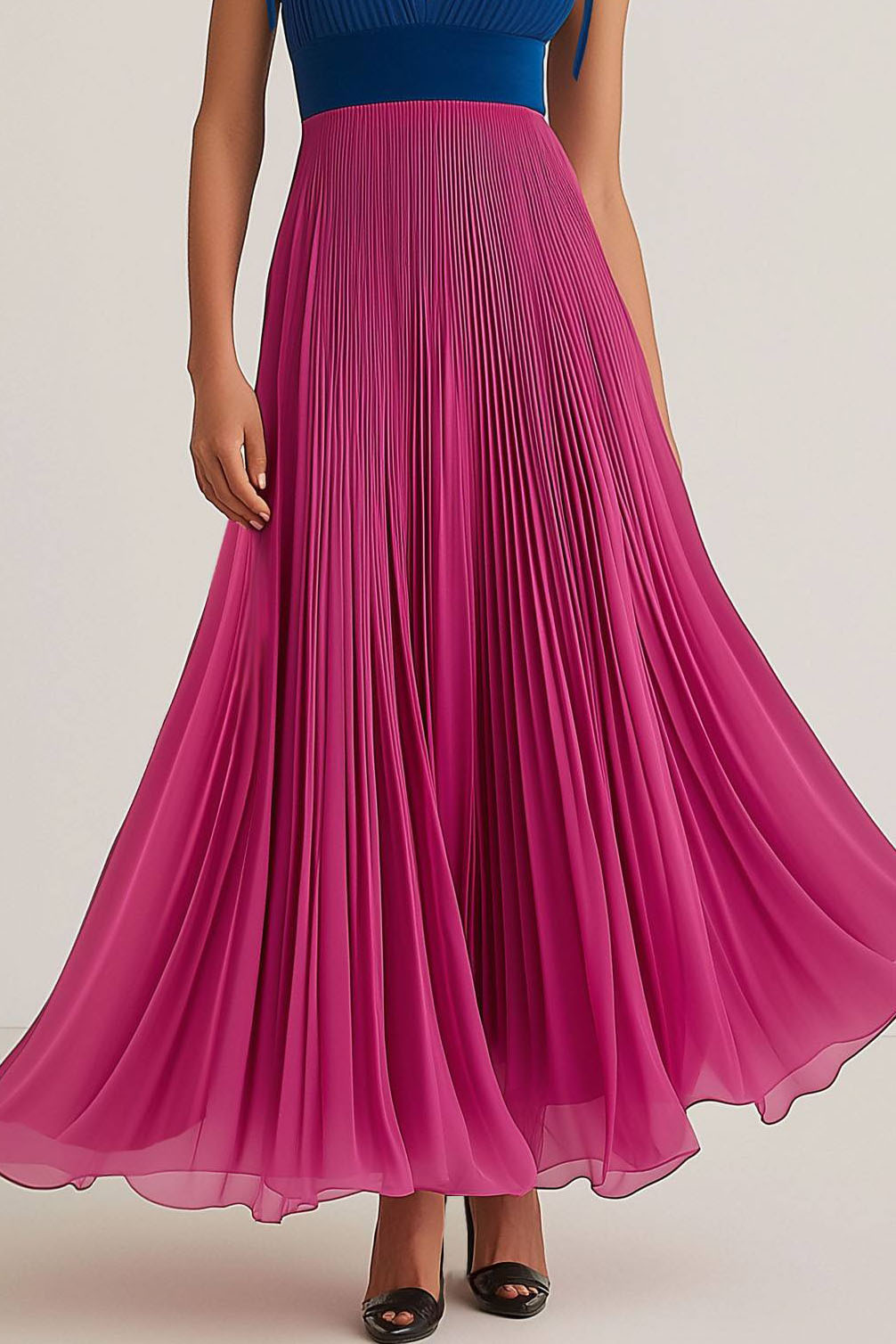 Party Chiffon Dress Pleated Fuchsia Blue V-neck Sleeveless Maxi Dress