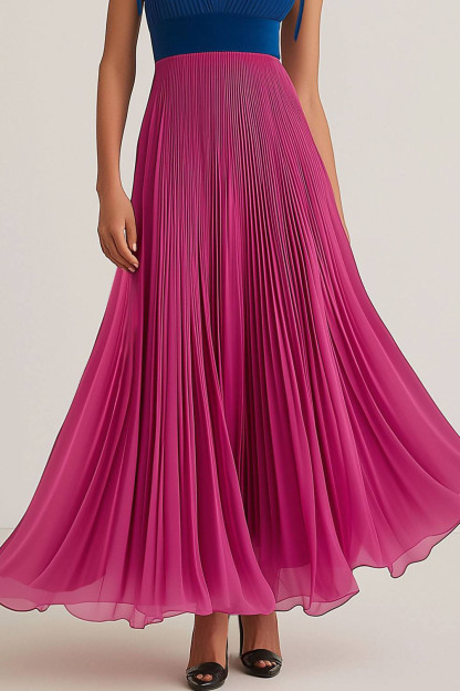Party Chiffon Dress Pleated Fuchsia Blue V-neck Sleeveless Maxi Dress
