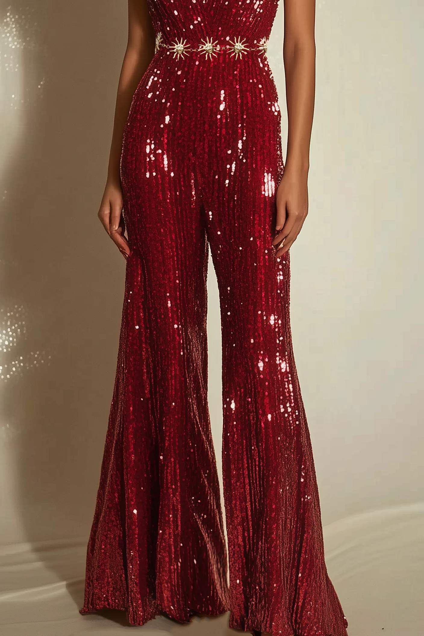Party Sequin Jumpsuit Red V-neck Short Sleeve Bell Bottom Pants