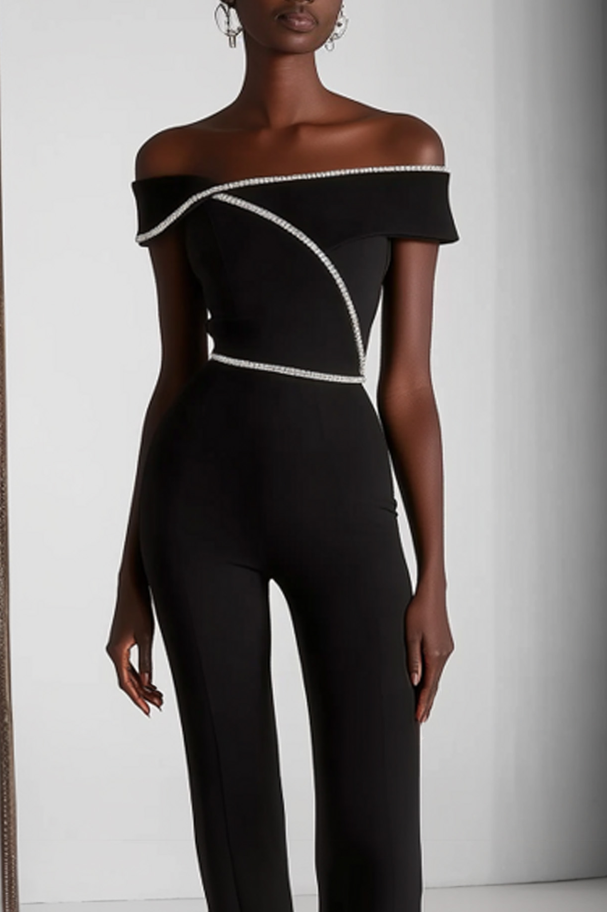 Semi-Formal Party Jumpsuit Black One-Shoulder Bell Bottom Pants