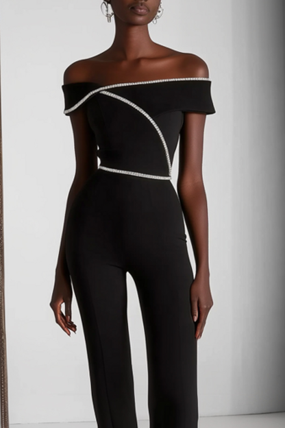 Semi-Formal Party Jumpsuit Black One-Shoulder Bell Bottom Pants