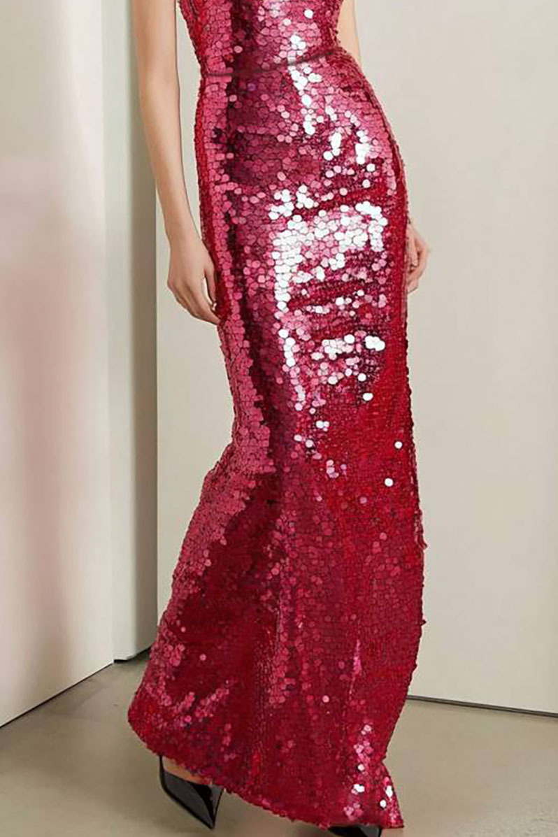 Party Sequin Dress Red Round Neck Sleeveless Maxi Dress
