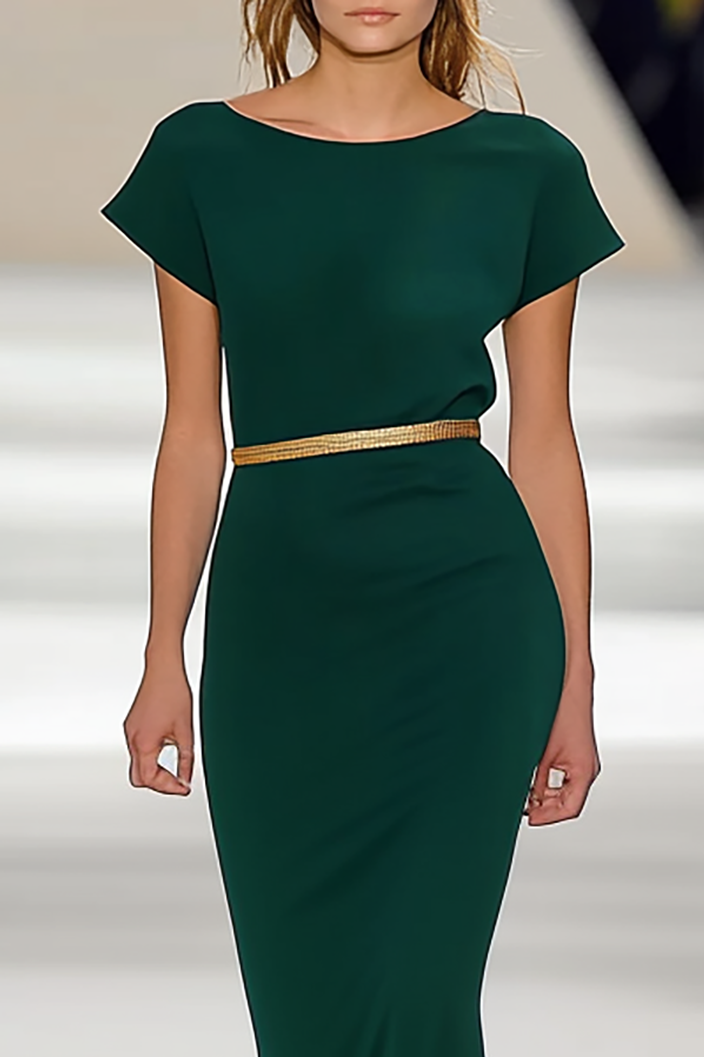 Daily Work Green Dress Gold Belt Boat Neck Midi Dress