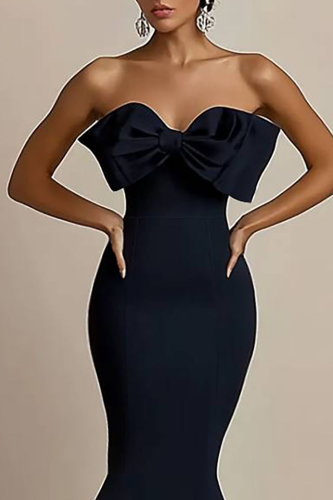 Cocktail Party Dress Black Strapless Bow Detail Fitted Mermaid Midi Dress