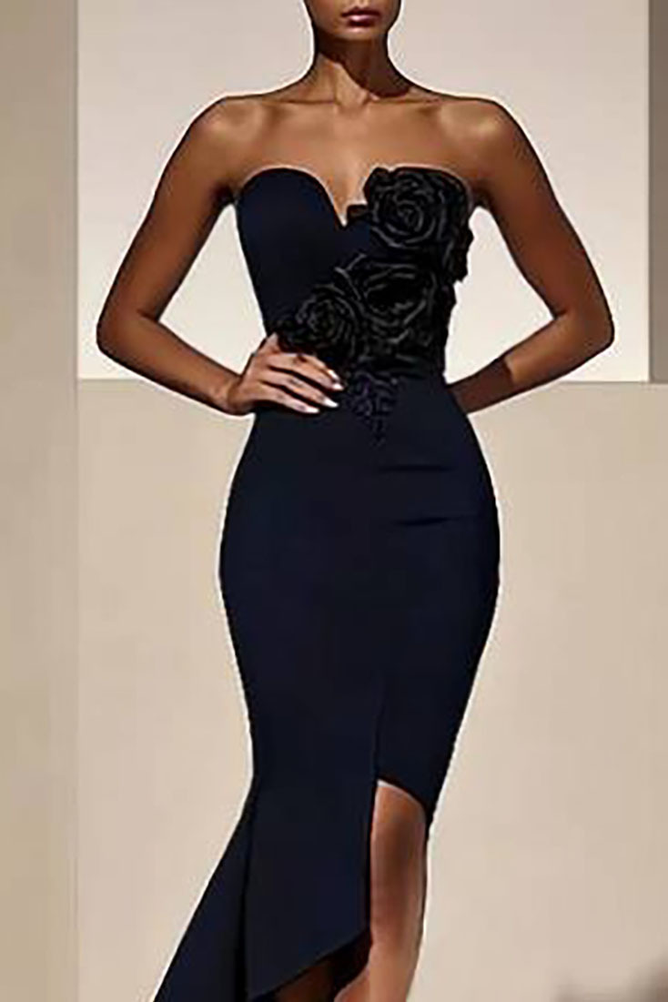 Cocktail Party Dress Black Strapless Flower Detail Asymmetrical Midi Dress