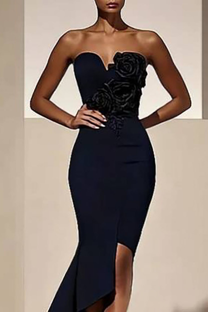 Cocktail Party Dress Black Strapless Flower Detail Asymmetrical Midi Dress