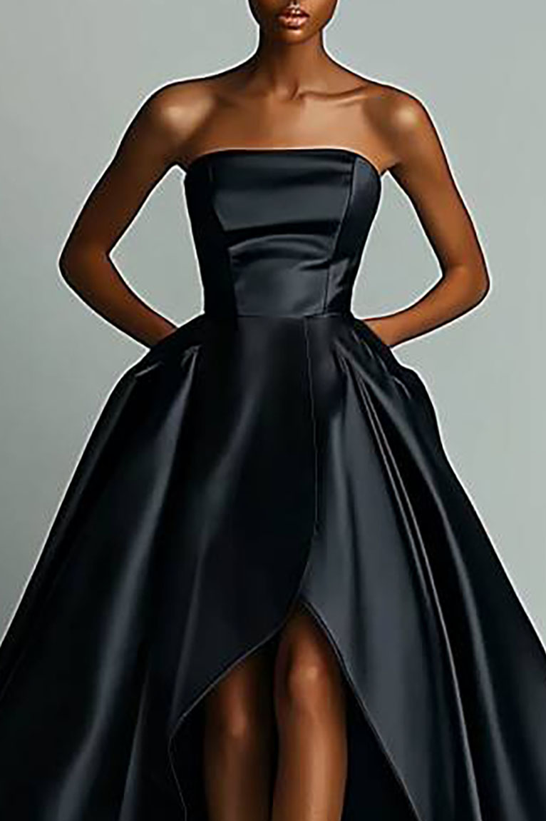 Evening Dress Black Strapless Front Short Back Long Maxi Gown-chiclody