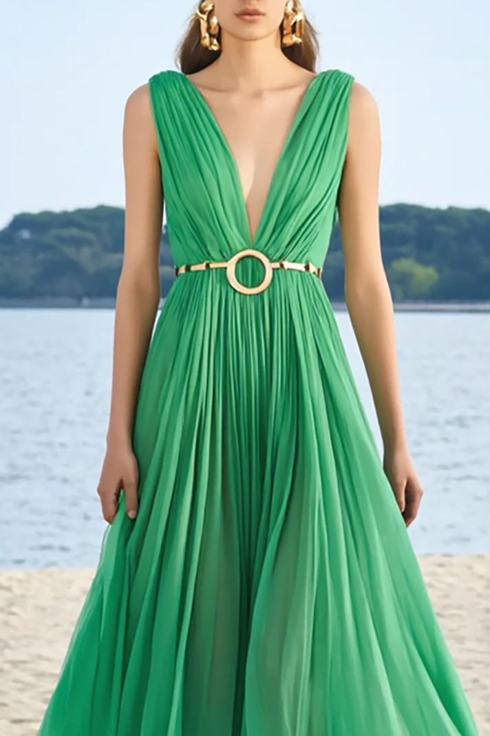 Evening Formal Dress Green Chiffon Deep V Sleeveless Floor-Length Gown