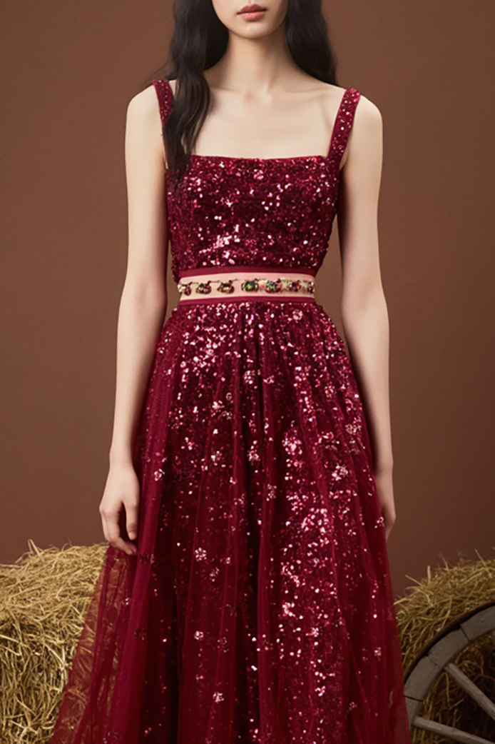 Evening Sequin Dress Red Spaghetti Straps Mesh Floor-Length Gown
