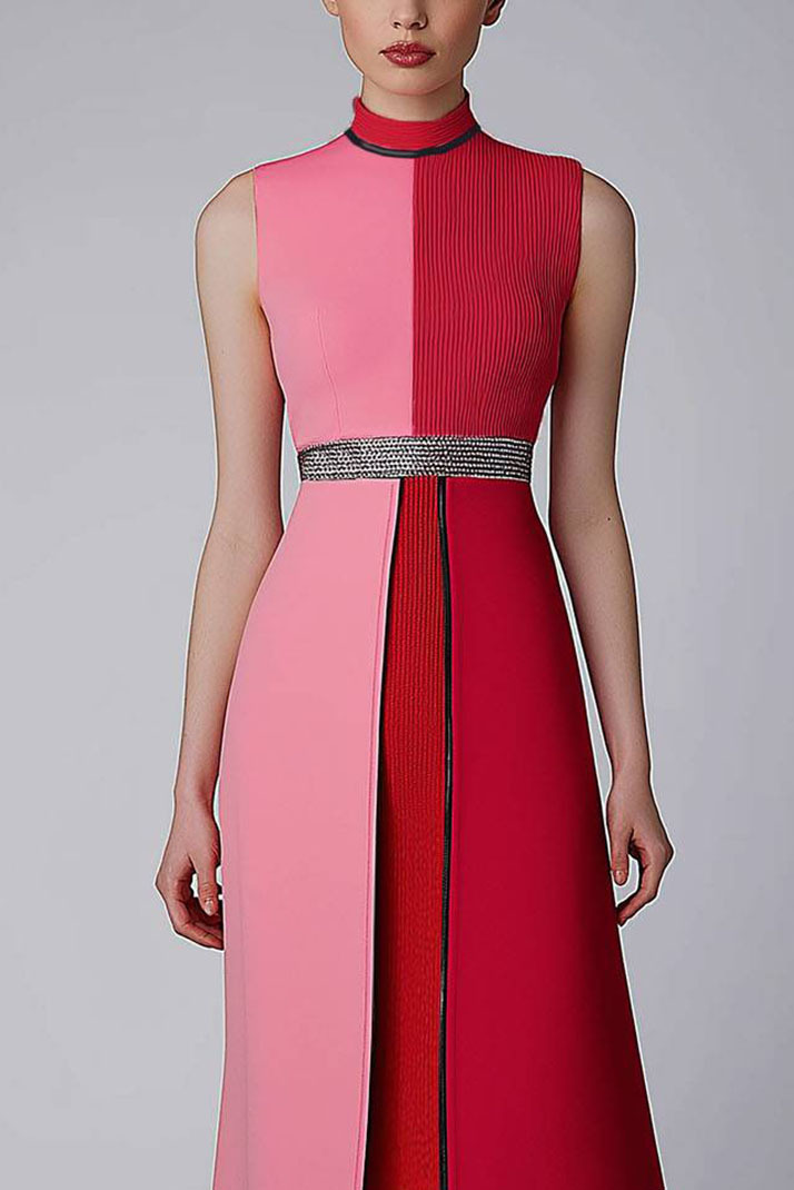 Elegant Evening Color-Block Dress Sleeveless High Collar Front Slit Long Dress
