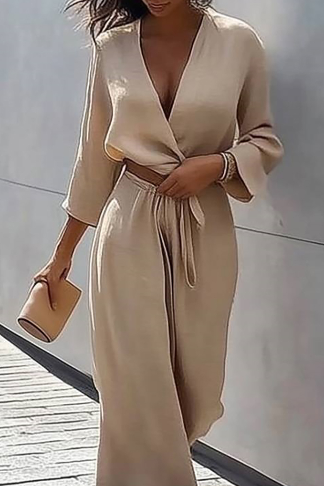 Daily Casual Linen Set Beige Cross Neck Tie Short Top Wide-Leg Pants Set