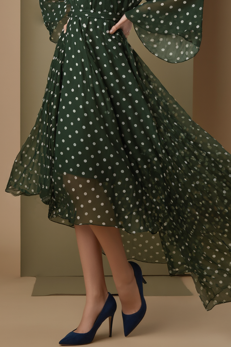 Daily Party Chiffon Dress Green White Polka Dot Maxi Dress