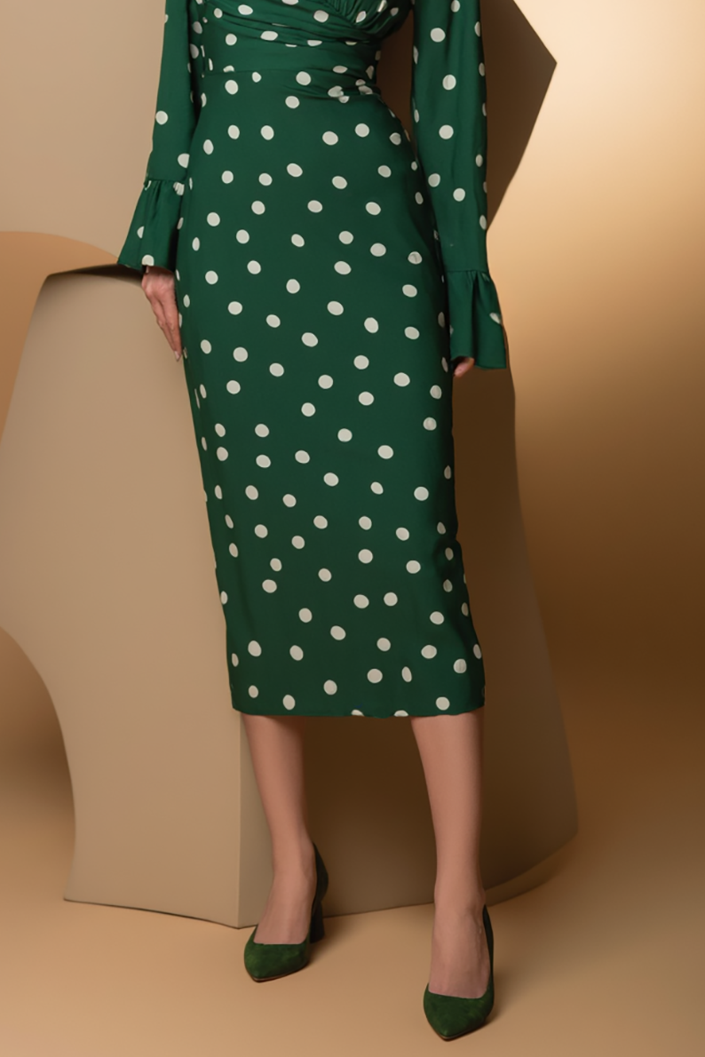 Daily Party Polka Dot Dress Green V-Neck Ruffle Long Sleeve Midi Dress